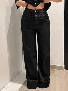 SHEIN Unity Women's Double-Waistband Pockets Wide Leg Loose Casual Jeans - Black - View 4