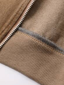 FRIFUL Women's Solid Color Drop Shoulder Long Sleeve Zip-Up Short Denim Jacket, Fashionable & Versatile Loose Fit - Khaki - View 9