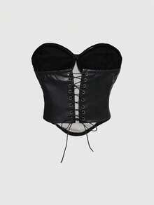 ROMWE Grunge Punk 复古西部动物纹拼接PU露脐上衣和迷你短裤两件套女装 - 黑與白 - 查看 7