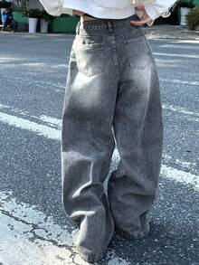 DAZY 女士口袋纽扣休闲百搭通勤宽松牛仔阔腿裤 - 藍色 - 查看 2