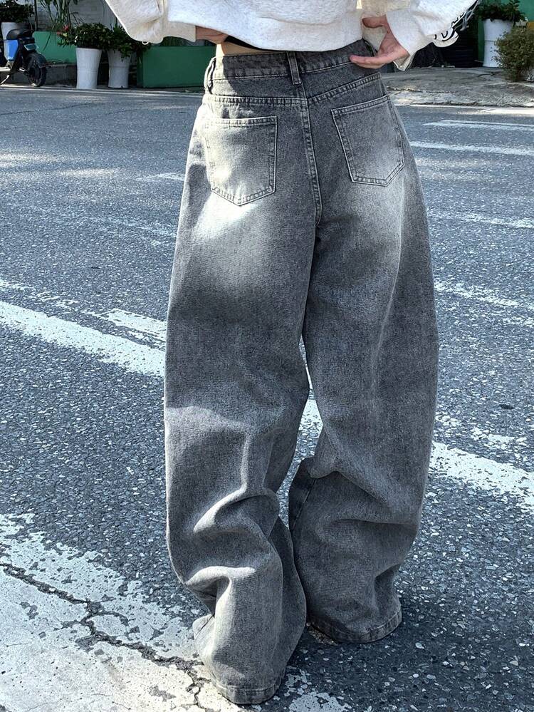 Women's Pocket Button Casual Versatile Commute Loose Fit Denim Wide Leg Pants