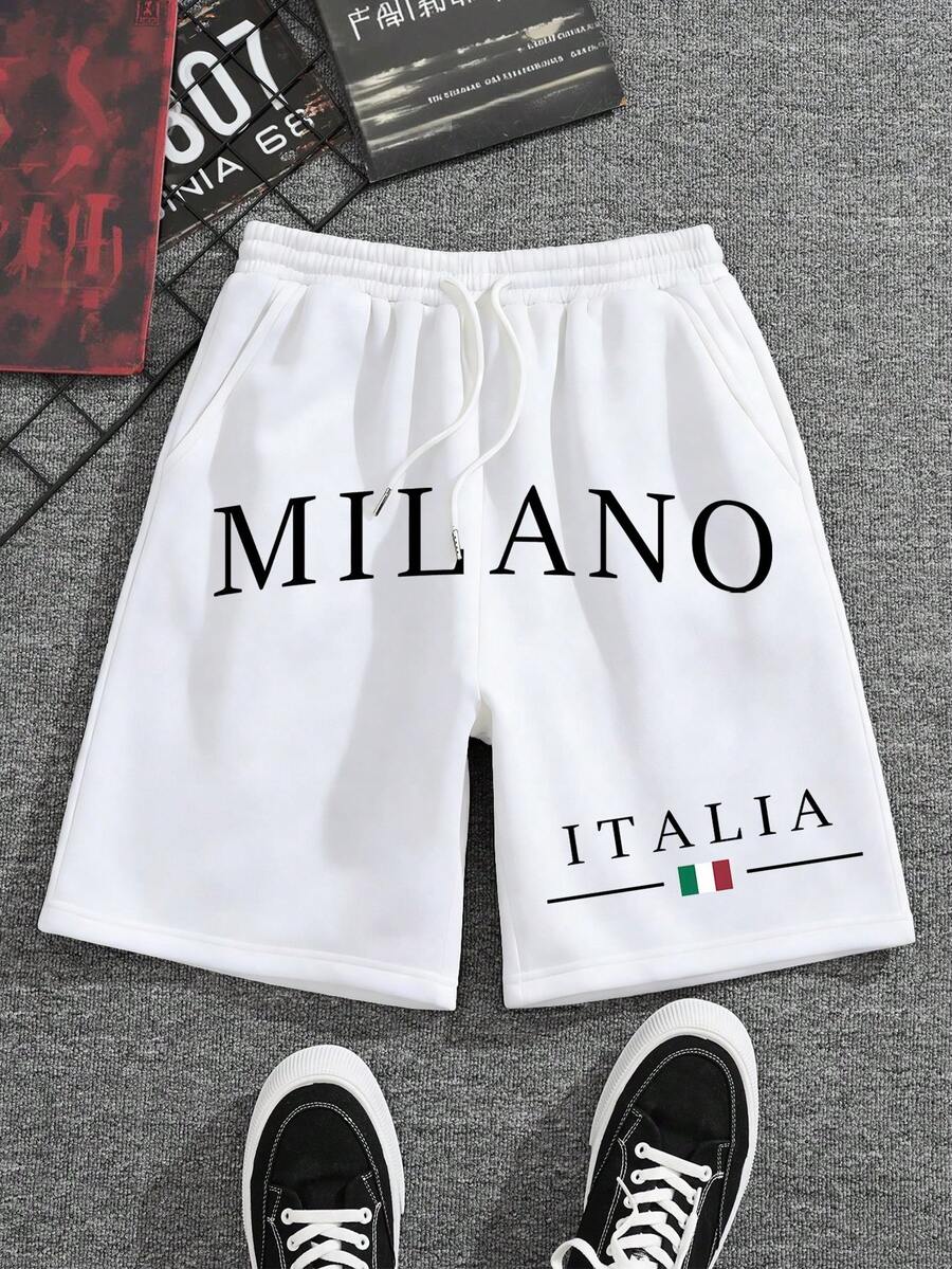 Manfinity 男士松紧腰抽绳字母印花休闲短裤，夏季 - 白色 - 查看 1