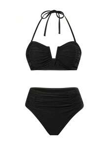 Swim Oasis 2026新款春夏女款純色抹胸比基尼泳衣套裝，含泳褲與網紗長裙，黑色休閒度假海灘裙套裝，可愛度假風 - 黑色 - 查看 3