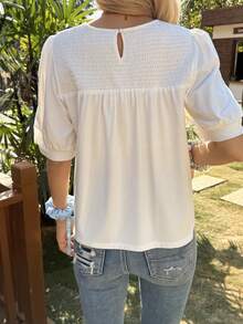 Livesso Casual Versatile Round Neck Puff Sleeve Loose Women T-Shirt - White - View 2