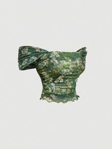 SHEIN MOD 复古绿色油画植物印花网纱两件套，露肩、美人鱼式、不对称下摆设计——完美适用于度假、约会、野餐、派对、舞会和节日庆典 - 綠色 - 查看 7