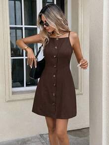 Serisse Vestido casual mini con botones delanteros de unicolor para mujer - Café integral - Ver 7