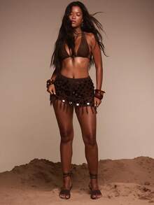 MUSERA Open Knit Sequin Tassel Mini Skirt Cover Up Swim Vacation Holiday Summer Travel Beachwear Terra Sol - Chocolate Brown - View 6