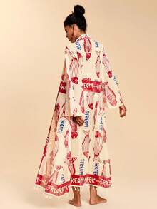 Travachic 女士度假字母鱼印花流苏边宽松和服罩衫 - 彩色 - 查看 2