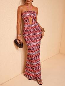 JIAN LASALA Rochie maxi mulată cu imprimeu integral din plasă, decolteu halter, fără mâneci, bustier, decupat, pentru femei - Multicolor - Vizualizare 9