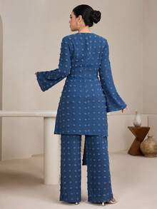 Graceveil 女士不对称下摆上衣和裤子套装，提花阿拉伯风格服装 - 霧霾藍 - 查看 2