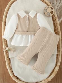 SHEIN Bộ 2 món đồ mặc thường ngày cho bé gái sơ sinh, áo cổ bẻ phối màu và quần ống rộng bằng vải dệt kim, đơn giản và thời trang. - Màu be - Xem 2