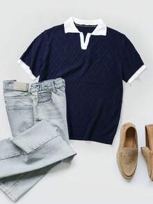 Manfinity Homme Men's Contrast Color Short Sleeve Casual Commuter Knit Top - Navy Blue - View 1