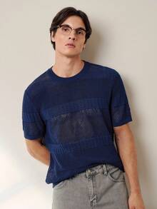 RONVEXI Camiseta casual de punto de cuello redondo de manga corta y unicolor holgada para hombre - azul real - Ver 5