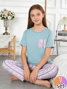 Girls Ditsy Floral Knit Casual Pajama Set With Short Sleeve Top And Long Pants, Fresh Home Wear For Spring/Summer - Multicolor - View 8