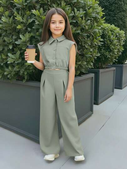 Firerie Kids Firerie Kids Set de 2 piezas Nova Glow para niñas preadolescentes: camisa casual con cuello y bolsillo, y pantalones rectos. Conjunto de atuendo para ir y venir