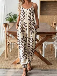 Selamara Women's Vacation Plant Print Pocketed Drawstring Jumpsuit - Beige - View 3