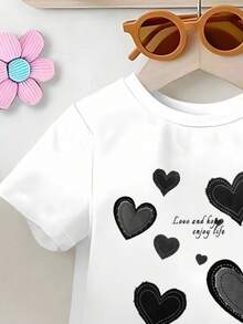 女婴T恤套装，牛仔印花“GIRL MAMA”爱心印花喇叭裤，黑色字母印花，可爱活泼，百搭日常两件套，适合外出，秋冬春夏皆宜 - 彩色 - 查看 3