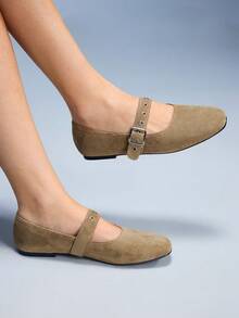 CUCCOO GRLICON Women's Buckle Design Casual Versatile Flat Shoes - Khaki - View 3