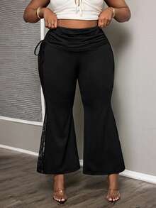 SHEIN PETITE CURVE Plus Size Black Autumn Classy Night Flare Leg Pants,Women's Solid Color Lace Patchwork See Through Pleated Elegant Party Carnival Costume & Weddings - Black - View 3