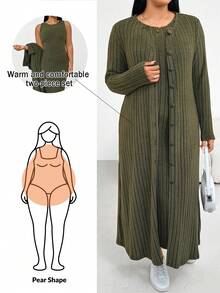 Shapeblank Plus-Size Women's Autumn/Winter Fashionable Casual Loose Comfortable Everyday Brushed Ribbed Warm Long Cardigan Coat And Vest Long Dress Green Two Pieces Set,Fall Outfits,Curve Pants,Simple Style - Green - View 1