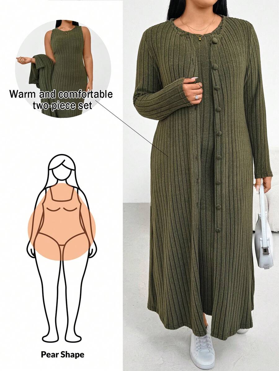 Shapeblank Plus-Size Women's Autumn/Winter Fashionable Casual Loose Comfortable Everyday Brushed Ribbed Warm Long Cardigan Coat And Vest Long Dress Green Two Pieces Set,Fall Outfits,Curve Pants,Simple Style - Green - View 1