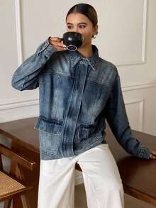 DAZY 做旧水洗宽松翻领长袖休闲街头秋冬女式外套 - 藍色 - 查看 5