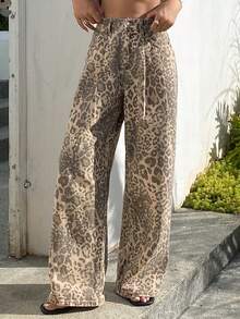 DAZY Jeans de talle alto casual con estampado de leopardo para mujer, otoño/invierno Y2k - Café integral - Ver 7