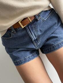 Livesso Quần short denim nữ màu trơn kiểu retro thường ngày. - Rửa trung bình - Xem 7