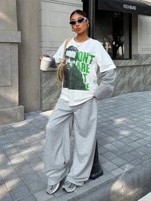 Muchica Y2k Clothing Women's Letter Print Drawstring Waist Casual Loose Fit Wide Leg Sweatpants - Grey - View 3