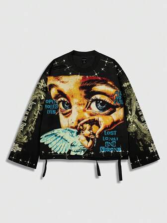 Street Life Vintage Street Style Distressed Saint Graphic Print Long Sleeve Crew Neck Men's T-Shirt, For Fall, 2000s Style