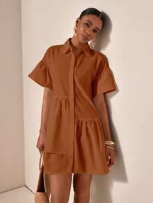 Slaydiva Women Holiday Solid Color Short Sleeve Single-Breasted Ruffle Hem Casual Shirt Dress - Brown - View 3