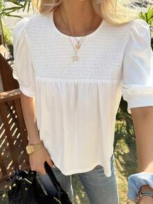 Livesso Casual Versatile Round Neck Puff Sleeve Loose Women T-Shirt - White - View 6