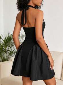 Xyvia Women's Spring/Summer New Sexy Clubbing Party Dress, Pearl Trim Halter Neck Tie Design, Versatile For Date, Party, Commute, Black Mini Dress - Black - View 4