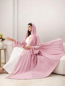 Yasmyna 纯色拼接刺绣花卉饰边粉色长袍，配头巾 - 粉色 - 查看 4