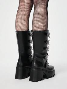 ROMWE Grunge Punk 女士靴子 - 2025 新款，英伦风深色 PU 铆钉搭扣方头厚底中筒摩托车靴，冬季骑行靴 - 黑色 - 查看 5