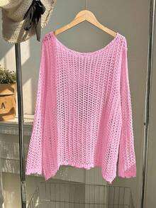 SHEIN EZwear 大码女式针织休闲度假纯色半透明毛衣，秋季款 - 粉色 - 查看 4