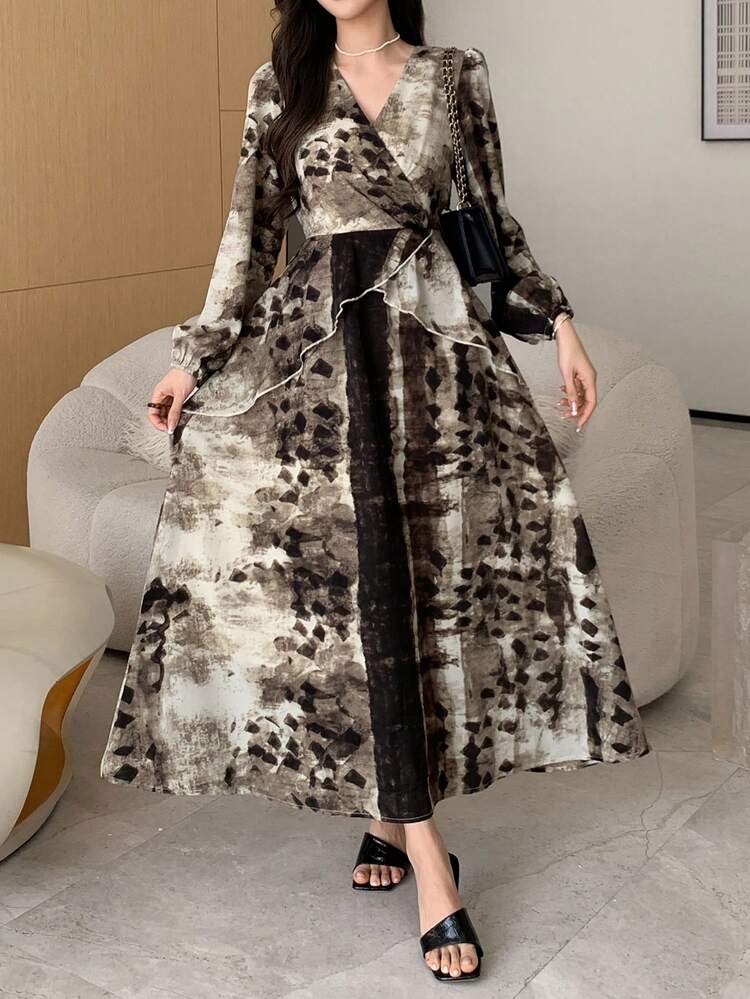 Women's Tie-Dye Overlap V-Neck Lantern Sleeve Elegant Mid-Length Dress Maxi Dress Sundress