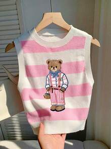 CovetEZ 夏季新款休闲简约条纹泰迪熊图案短款针织上衣，适合上学穿着，柔和的粉彩色调增添青春魅力！超显瘦颜色！ - 彩色 - 查看 1