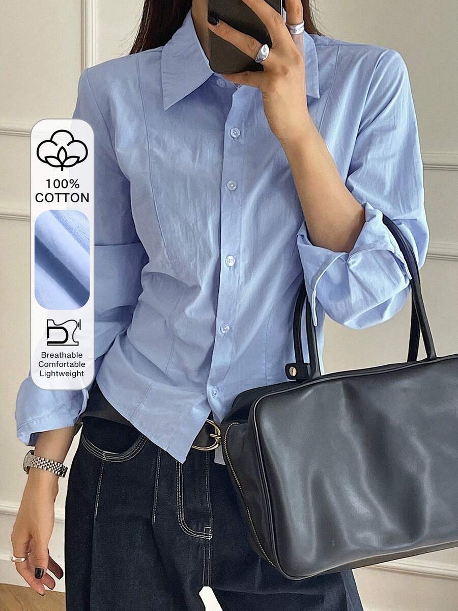 DAZY 女士纯色收腰短款翻领衬衫，商务休闲风，春夏秋季