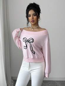 Elenzga Women's Spring/Summer Casual Outfit, Suitable For New Year, Valentine's Day, Easter, Mother's Day, Middle Eastern Party, Wedding, Elegant French Sweet Romantic Vacation, Boat Neck Bow Print Long Sleeve Sweatshirt, Pink - Pink - View 4
