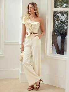 MOTF PREMIUM 女士时尚不对称露肩短款上衣，春夏款 - 杏色 - 查看 1