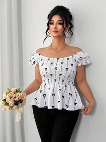 Elenzga Plus Size Women's Semiria Style Butterfly Print Layered Ruffle Backless Blouse,  Day - Multicolor - View 5