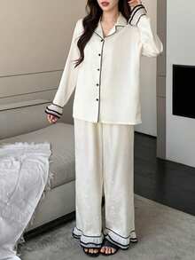 DAZY Charming Bow Jacquard Satin Contrast Ruffle Trim Loose Women Pajama Set - Beige - View 3