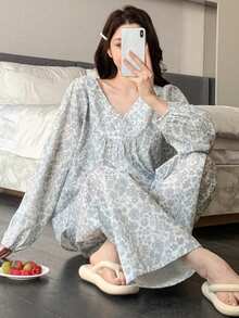 DAZY Floral Print Loose Lantern Sleeve Women Pajama Set - Grey - View 6