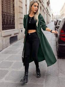 SHEIN LUNE 女式休闲纯色落肩宽松束腰拉链连帽长款风衣 - 墨綠色 - 查看 3