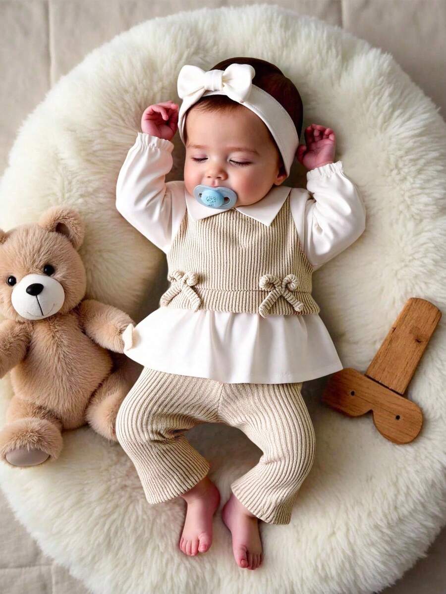 SHEIN Bộ 2 món đồ mặc thường ngày cho bé gái sơ sinh, áo cổ bẻ phối màu và quần ống rộng bằng vải dệt kim, đơn giản và thời trang. - Màu be - Xem 1