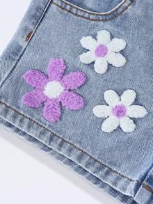 SHEIN 2026夏季新款浅蓝色水洗Y2K甜美风重工刺绣宽松阔腿休闲牛仔短裤，美式复古多巴胺夏季度假装 - 淺色水洗藍 - 查看 6