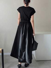 FRIFUL Women's Round Neck Mixed Material Waist Cinched A-Line Dress - Black - View 6