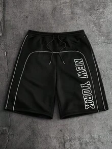 AXEPEAK 男士字母印花抽绳腰带休闲百搭日常短裤 - 黑色 - 查看 1