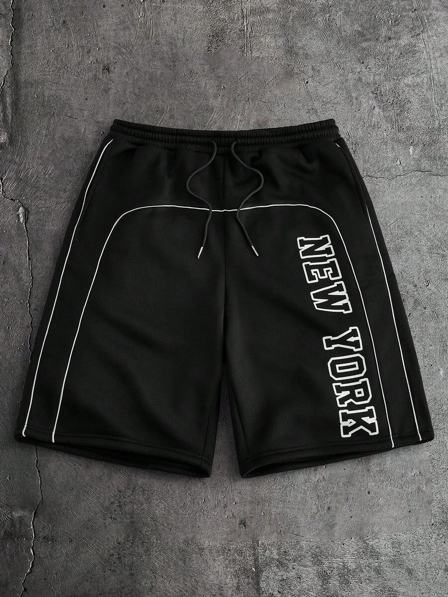 AXEPEAK 男士字母印花抽绳腰带休闲百搭日常短裤 - 黑色 - 查看 1